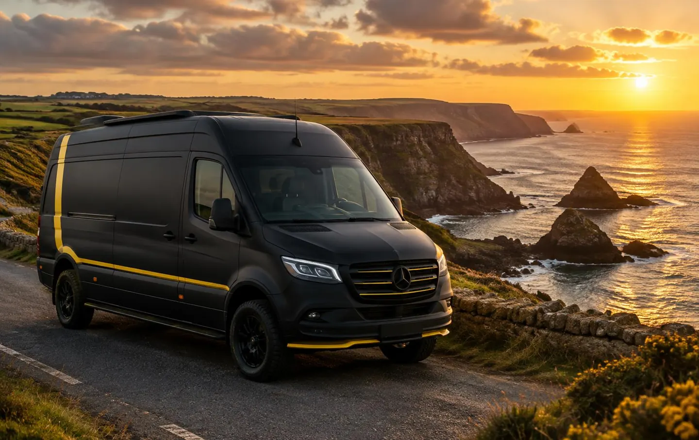 Black Cargostar van beside the Pembrokeshire coast